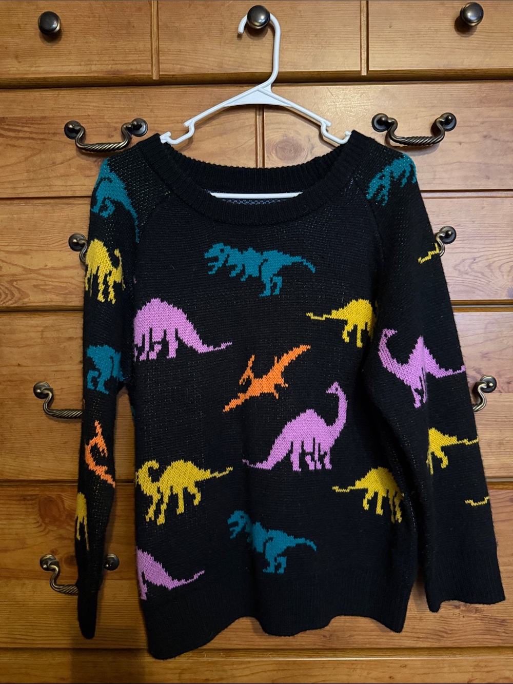 SHEIN Black Crewneck Sweater with Multicolor Dinosaur Motifs